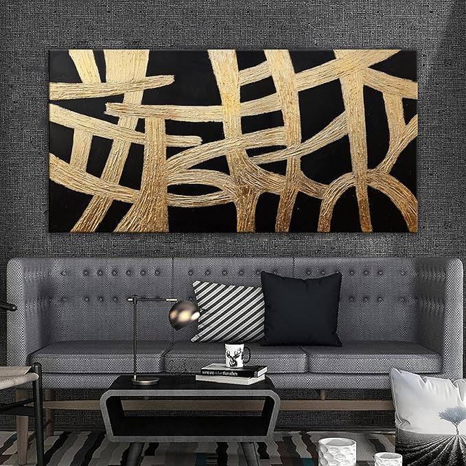 Abstract Wall Art Paintings Wall Decor Large Canvas Wall Art Decor Black And Gold Lines Texture Wall Art Artwork Modern Minimalist Wall Art Living Room For Room Bedroom Office Wall Decor 29"X58"-Ruum Studio Home