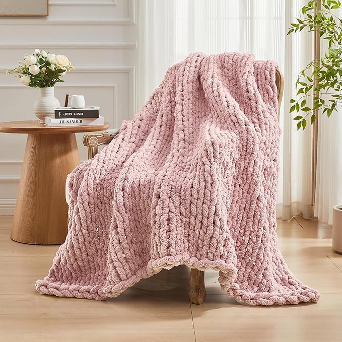 Carriediosa Chunky Knit Throw Blanket 50" X 60", 100% Hand Made Large Chenille Loop Yarn Soft Fluffy Throws for Couch Sofa Bed, Big Crochet Cozy Heavy Thick Cable Woven Blankets, Dusty Pink-Ruum Studio Home