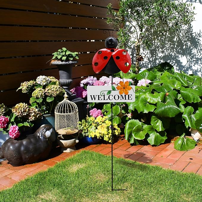 Veclotch 30"" H Metal Ladybug Garden Stake,Rustic Ladybird Decorative Yard Stakes Metal Yard Art Bug Ornaments Welcome Outdoor Spring Garden Stake for Patio Lawn Porch Pathway Decor-Ruum Studio Home