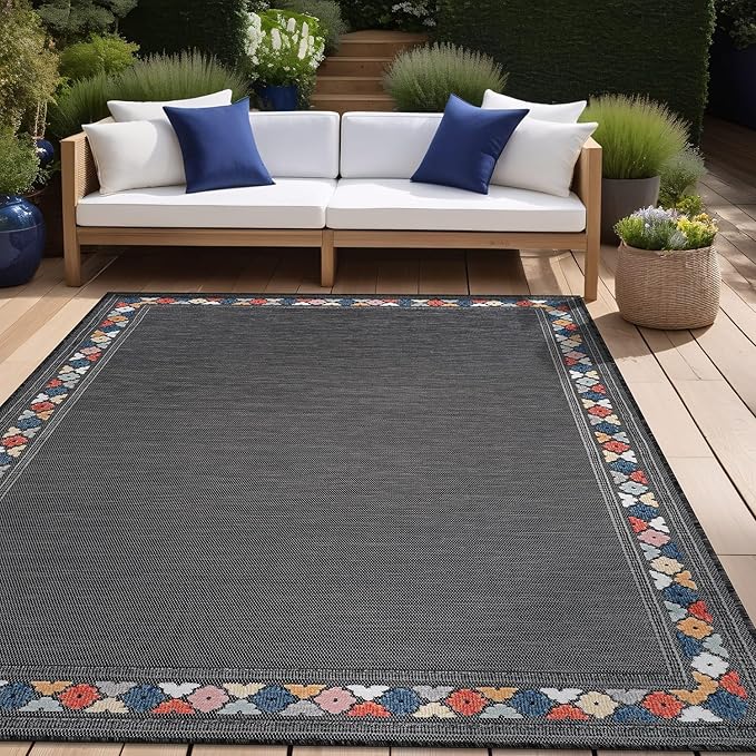 Beverly Rug Outdoor Rug 6x9 Modern Bordered Area Rugs for Indoor and Outdoor Patio Easy to Clean Non Shedding Living Room Porch Garden Washable Outside Carpet (6 x 9 Dark Gray)-Ruum Studio Home