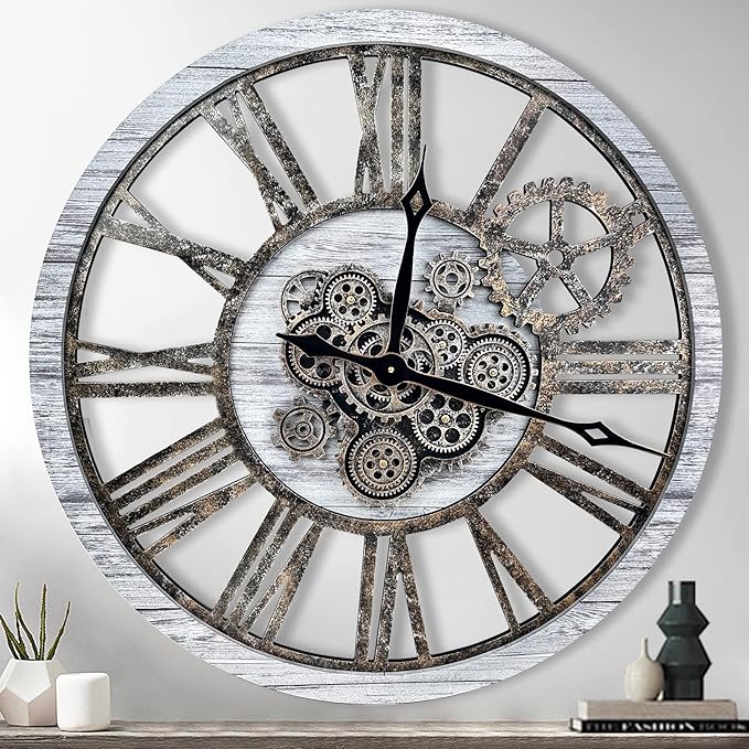 The B-Style Large Real Moving Gears Wall Clock 30 inch Rustic Retro Industrial Farmhouse Wood Clock Oversized Decorative Vintage Wall Clocks for Living Room (Silver Gray)-Ruum Studio Home