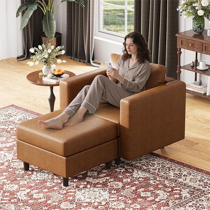 Faux Leather Oversized Accent Chair with Storage Deep Seat Single Sofa Large Reading Armchair for Living Room Bedroom Office Brown-Ruum Studio Home