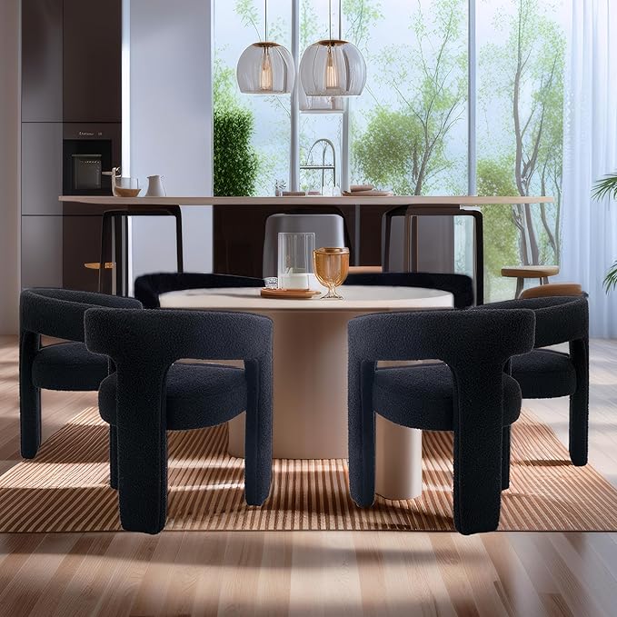 Black Sherpa Dining Chairs Set of 2, Modern Barrel Dining Room Chairs Upholstered Faux Fur Accent Chair with Arms and Round Back for Living Room Kitchen Armchair No Assembly Needed-Ruum Studio Home