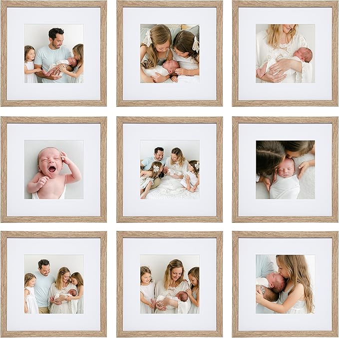 Sheffield Home 9 Piece Gallery Wall Frame Set, 12x12 in. Matted to 8x8 in. (Light Natural)-Ruum Studio Home