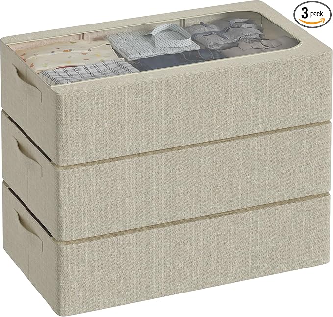3PCS Under Bed Storage Bins with Metal Frame, Linen Fabric Frame Storage Box Clothes Organizer Bins, Underbed Container with Clear Window (Beige, 23.6 x 13 x 6IN)-Ruum Studio Home