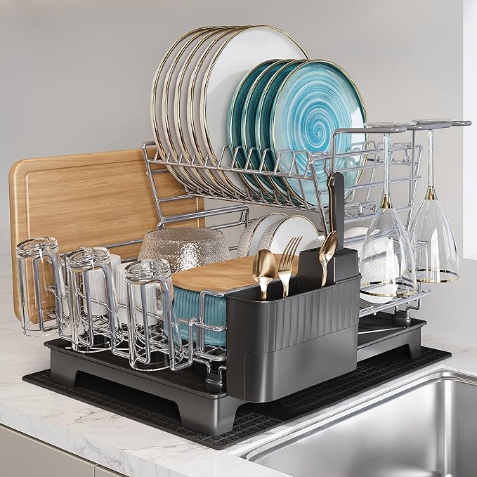 BOOSINY 2 Tier Grey Large Stainless Steel Dish Drainers Drying Rack for Kitchen Counter with Drainboard, Rust Proof Metal, Space Saving, Modern Aesthetic, Compact Plates Strainers with Extra Mat-Ruum Studio Home