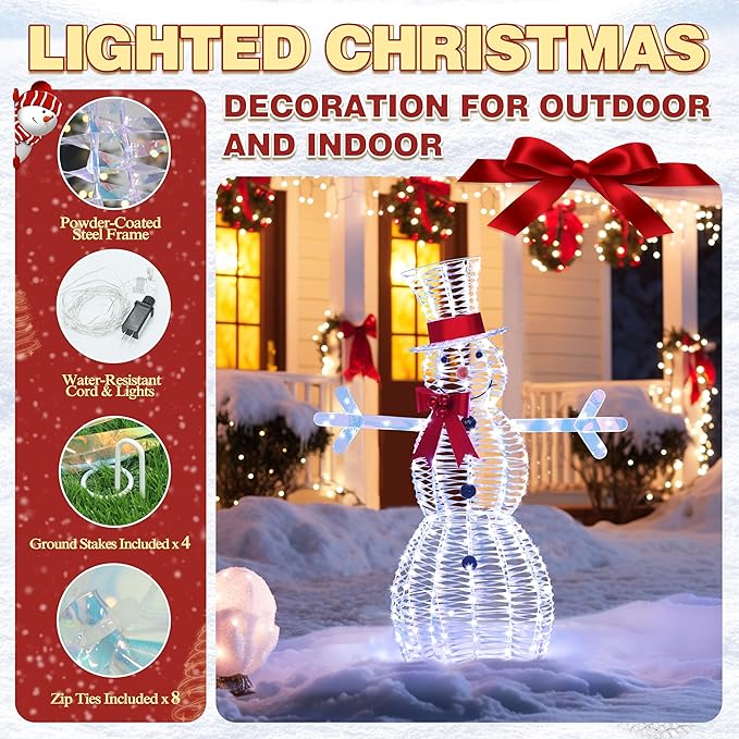 4.5FT Lighted Snowman for Christmas Decoration, 3D Pre-Lit Iridescent Snowman Xmas Decor with 100 LED Lights, Glittered Standing Holiday Display for Outdoor, Indoor-Ruum Studio Home
