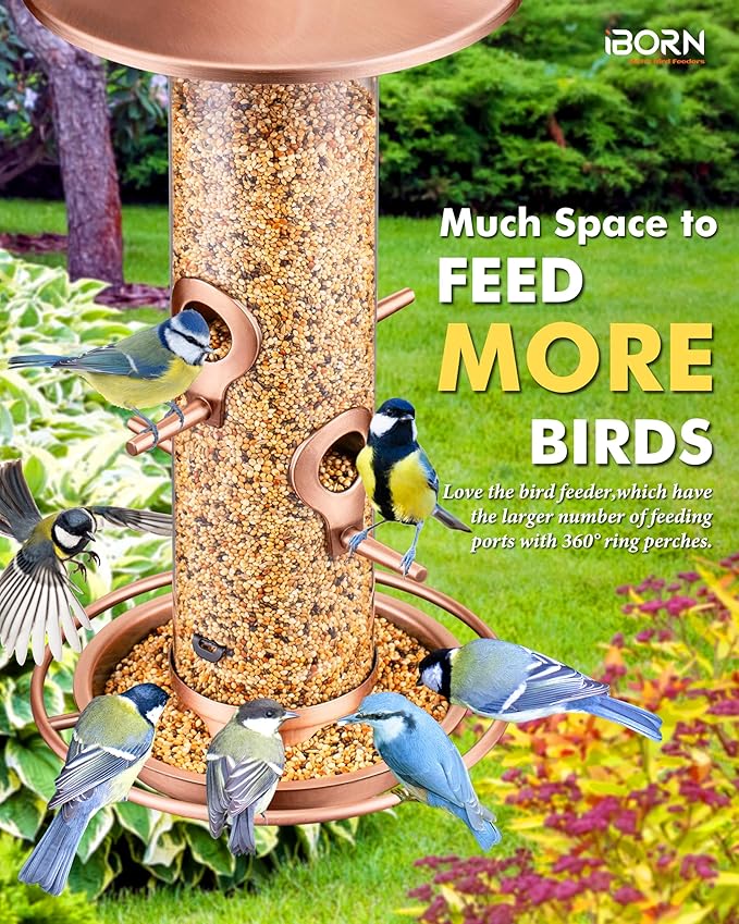 iBorn Bird Feeders for Outdoors, 2LB Metal Bird Feeders 17cm Large Roof &Tray, 4 Feeding Ports, Brushed Copper Finishing-Ruum Studio Home