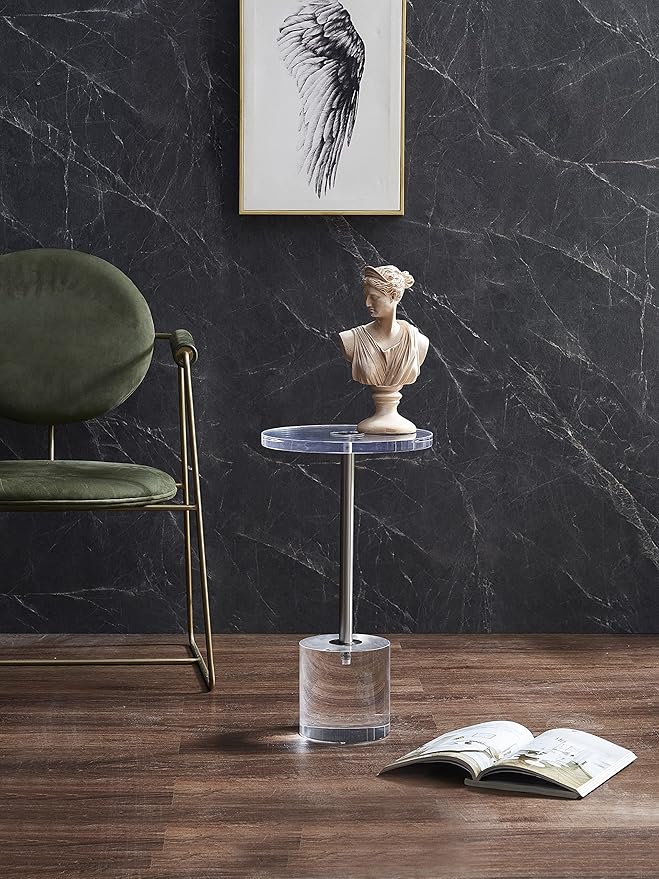 Clear Acrylic End Table,Side Table,Brushed Silver Metal,Round,for Office, Living Room and Bedroom,Easy Assembly,12x12 inch，21.3 inch high-Ruum Studio Home