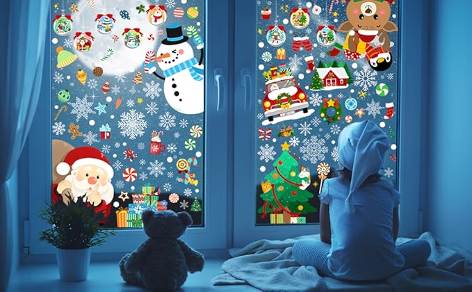 Christmas Window Clings - Christmas Large Window Stickers for Glass Window, Reusable Static Vinyl Double-Sided Winter Decals, Cute Snowflake Snowman Holiday Xmas Decorations, 197 PCS/9 Sheet-Ruum Studio Home