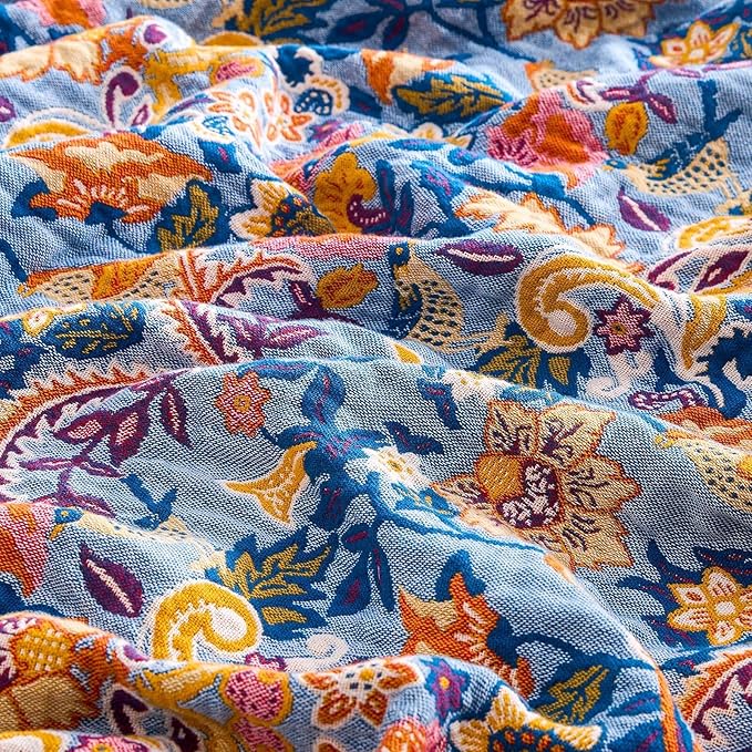 Boho Throw Blanket for Bed, 100% Cotton Soft Rustic Quilt Fall Blanket, 50"x60" Floral Printed Farmhouse Decor Bed Blankets, All Season Rustic Reversible Bohemian Throw Quilt-Ruum Studio Home
