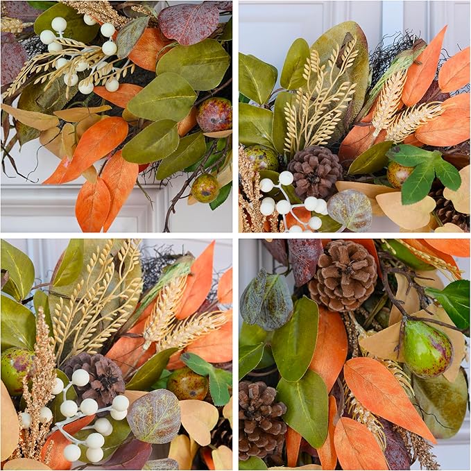 24" Fall Wreath for Front Door Handmade with Artificial Autumn Leaves, Natural Pinecones, Faux Berries and Wheat, Autumn Harvest Wreath Decoration for Home Farmhouse Door Wall Window Porch-Ruum Studio Home