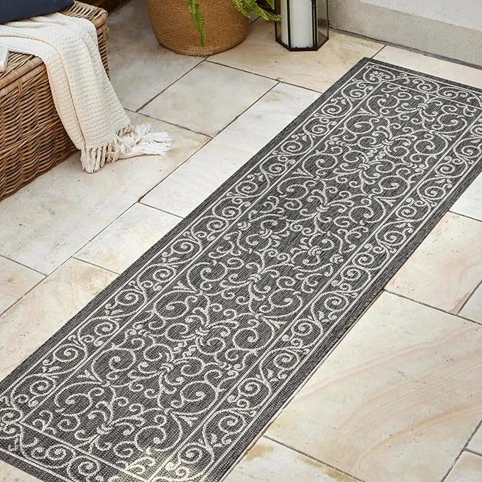 JONATHAN Y Vintage Filigree Indoor Outdoor Runner Rug 2X8 Black/Gray, Charleston Textured Weave for Backyard, Patio, Porch, Easy-Cleaning, High Traffic, Pet-Friendly, Non-Shedding (SMB106G-28)-Ruum Studio Home