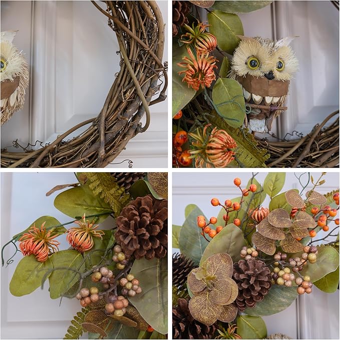 Fall Owl Wreath for Front Door 24 Inch, Autumn Natural Pine Cones Faux Eucalyptus Magnolia Leaf Berry Wreath, Fall Decor for Home Farmhouse Door Wall Window Porch Indoor/Outdoor-Ruum Studio Home