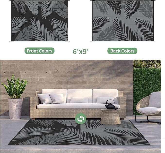 GENIMO Outdoor Rug 6' x 9' Waterproof for Patios Clearance, Reversible Outdoor Plastic Straw Camping Rug Carpet, Large Area Rugs Mats for RV, Camper, Deck, Balcony, Porch, Beach, Picnic, Black&Grey-Ruum Studio Home