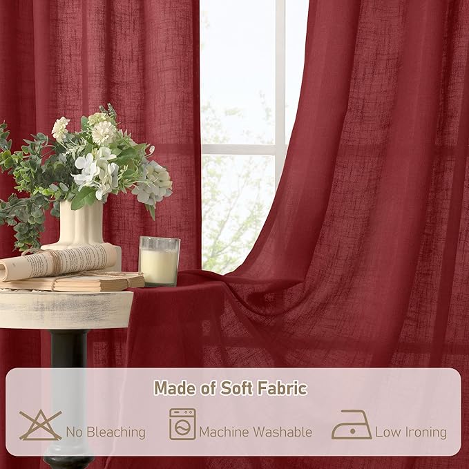 LAMIT 95 inch Linen Curtains for Living Room, Burgundy Red Bronze Grommet Christmas Panels Light Filtering Semi Sheer Drapes for Bedroom/Dining Hall, 2 Panels Set, 52 x 95 Inch-Ruum Studio Home