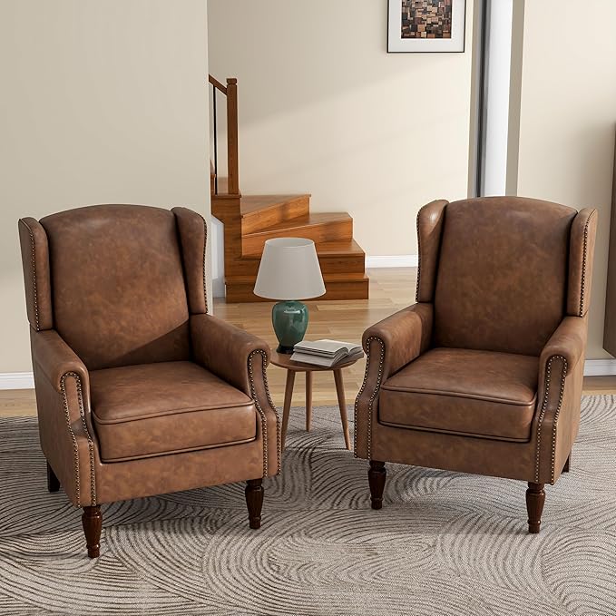 UIXE PU Leather High Back Accent Chairs Set of 2, Upholstered Armchair for Living Room, Retro Wingback Arm Chair Nailhead Trim Single Sofa Bedroom Reading Seat - Brown-Ruum Studio Home