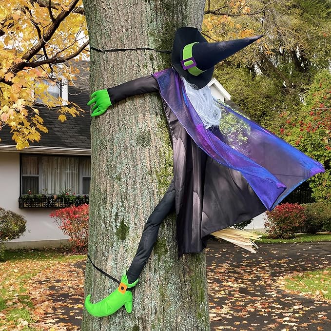 POPGIFTU 64" Large Crashing Witch into Tree Halloween Outdoor Decoration – Funny Flying Witch Yard Prop for Porch, Garden & Lawn, Weather-Resistant Halloween Decor-Ruum Studio Home