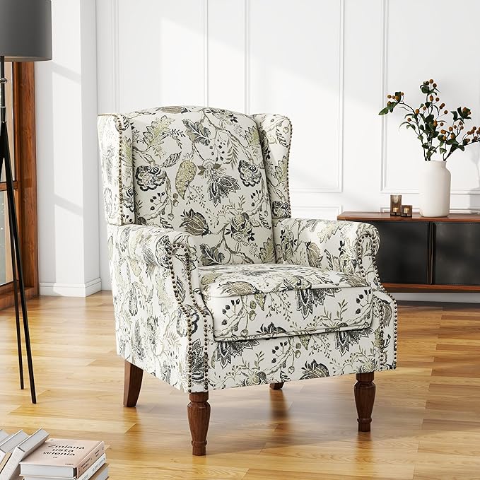 UIXE High Back Floral Accent Chairs Set of 2, Upholstered Armchair in Fabric, Retro Printed Wingback Arm Chair for Living Room, Nailhead Trim Single Sofa Bedroom Reading Seat - Plants Beige-Ruum Studio Home