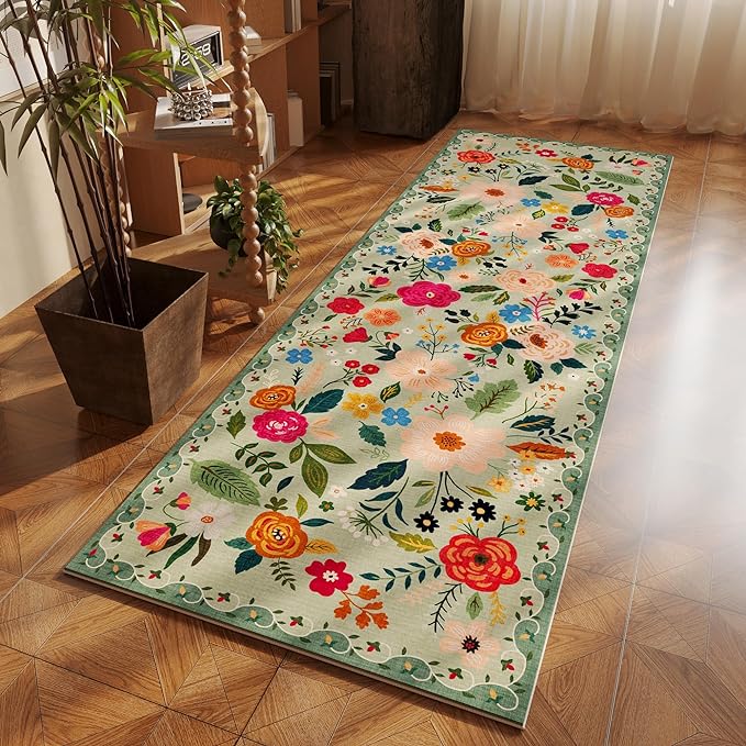 Runner Rug for Hallways Kitchen Rug Non Slip 2'6''x8' Washable Runner Rugs with Rubber Backing Soft Floral Carpet Runner for Hallways, Kitchen, Laundry, Bedroom, Bathroom(Green)-Ruum Studio Home