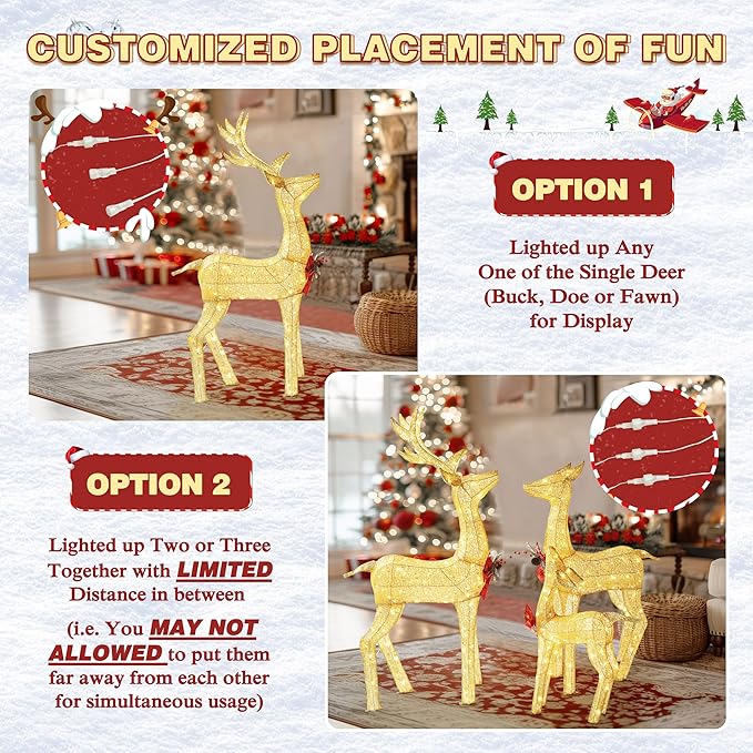 4.5FT Lighted Reindeer Family Set for Christmas Decoration, 3 Pieces Pre-Lit Iridescent Deer with 200 LED Lights, 3D Glittered Standing Holiday Display for Outdoor, Indoor, Golden-Ruum Studio Home