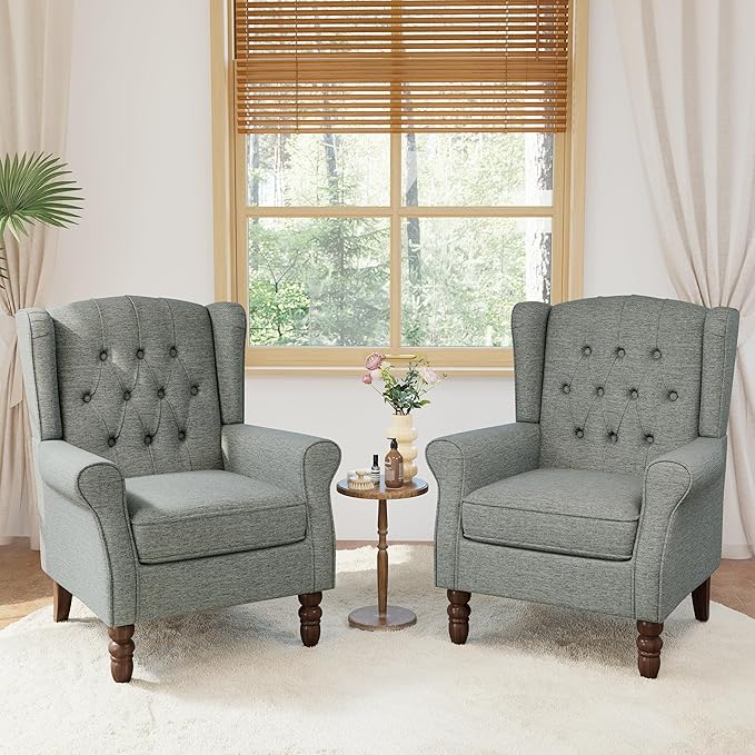 Lumibee High Back Accent Chair Set of 2,Upholstered Wingback Armchair with Solid Wood Legs for Small Spaces,Comfy Single Sofa Chair for Living Room,Bedroom,Office-Gray-Ruum Studio Home