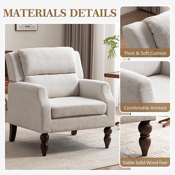 Kidol & Shellder Beige Oversized Accent Chair for Living Room Set of 2 Modern Reading Chair with Back Wide Upholstered Comfy Single Sofa Chair for Bedroom Lounge Side Corner Boucle Fabric Armchair-Ruum Studio Home