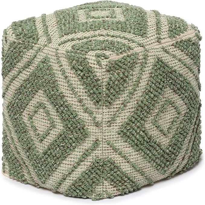 REDEARTH · Tufted Pouf Ottoman with Filler Textured Storage Cube Bean Bag Pouffe Footrest for Living Room, Bedroom, Nursery, Kidsroom; 100% Cotton (17.5"X17.5"X17.5", Solitaire Lozenge Kiwi)-Ruum Studio Home