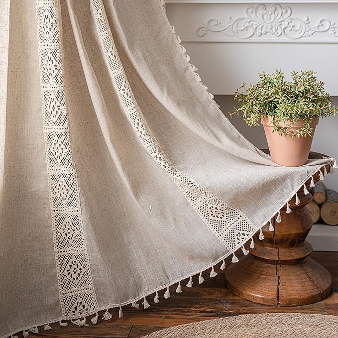 Sutuo Home Boho Curtains for Bedroom Nursery, Bohemian Semi-Blackout Geometric Crochet Hollow Lace Patchwork with Textured Linen Fabric Farmhouse Tassels Rod Pocket Window Drapes, 59"W x 72"L, 1 Panel-Ruum Studio Home