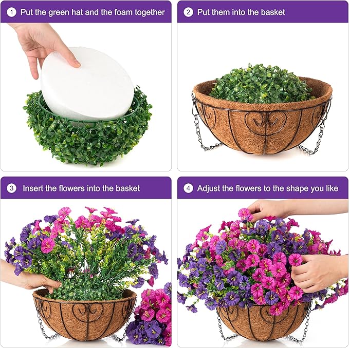 Artificial Faux Hanging Flowers Plants Basket for Spring Summer Outdoors Decoration, Silk Morning Glory with Eucalyptus Look Real UV Resistant Fake Flowers for Outside Porch Patio Balcony Home, Mix-Ruum Studio Home