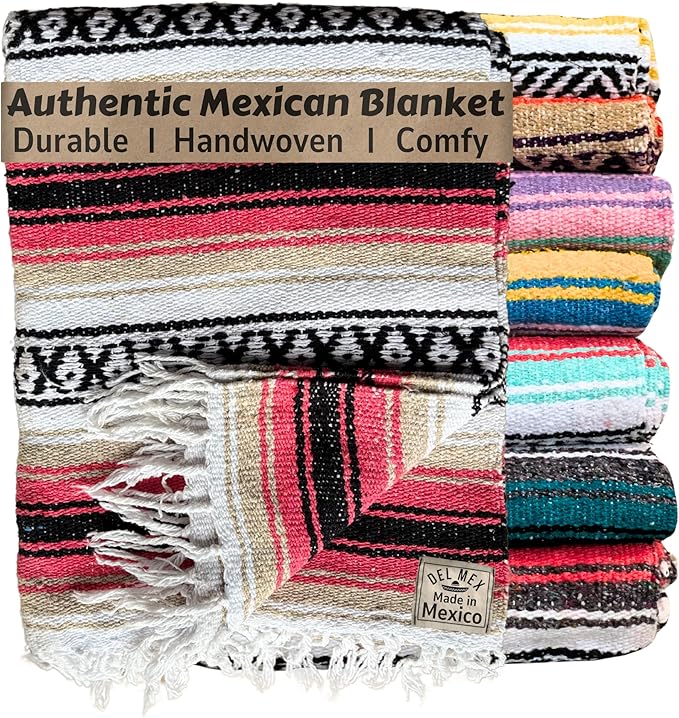 Del Mex Classic Mexican Blanket, Large Authentic Woven Falsa Throw (70"x50"), Artisan Southwest Décor for Beach, Yoga, Outdoors (Pink/Tan)-Ruum Studio Home