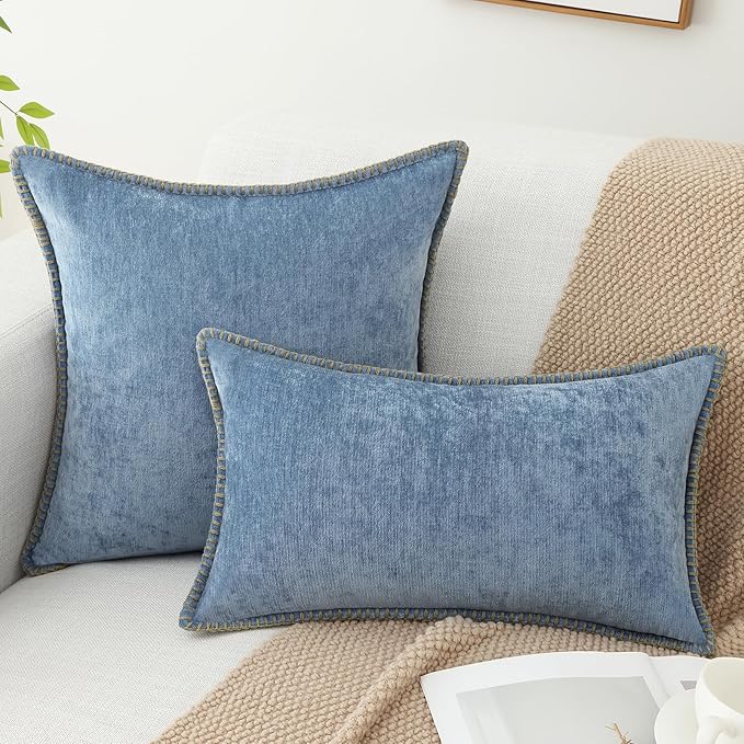 decorUhome Chenille Soft Throw Pillow Covers 26x26 Set of 2, Farmhouse Velvet Neutral Decorative Euro Pillow Covers with Stitched Edge for Couch Sofa Bed Home Decor, Blue-Ruum Studio Home