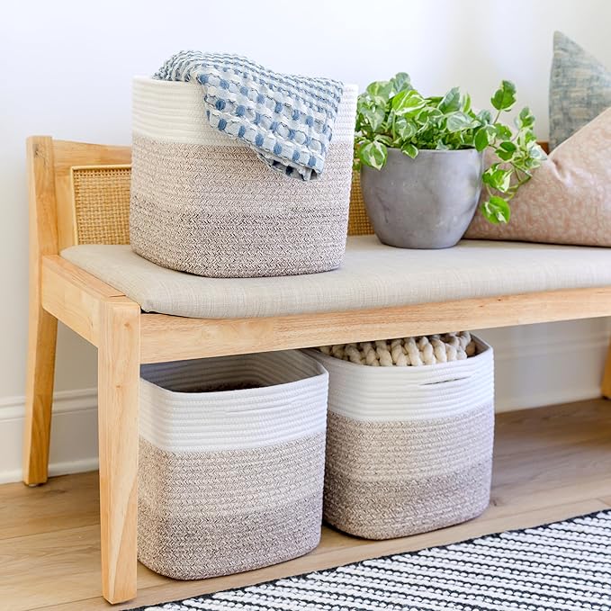 NaturalCozy Storage Cubes 11 Inch Cotton Rope Woven Baskets for Organizing, 3-Pack | Cube Storage Bin | Square Storage Baskets for Shelves Organizer, Classroom, Kids Toy Bins, Closet, Baby Nursery-Ruum Studio Home