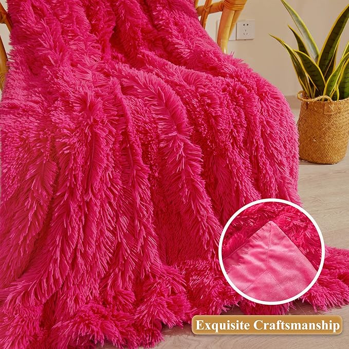 XeGe Luxury Faux Fur Blanket, Hot Pink Soft Big Fluffy Throw, Shaggy Plush Decorative Couch Throw, Cute Furry Fuzzy Bed Blanket for Bedroom Living Room, Hot Pink, 60x90-Ruum Studio Home