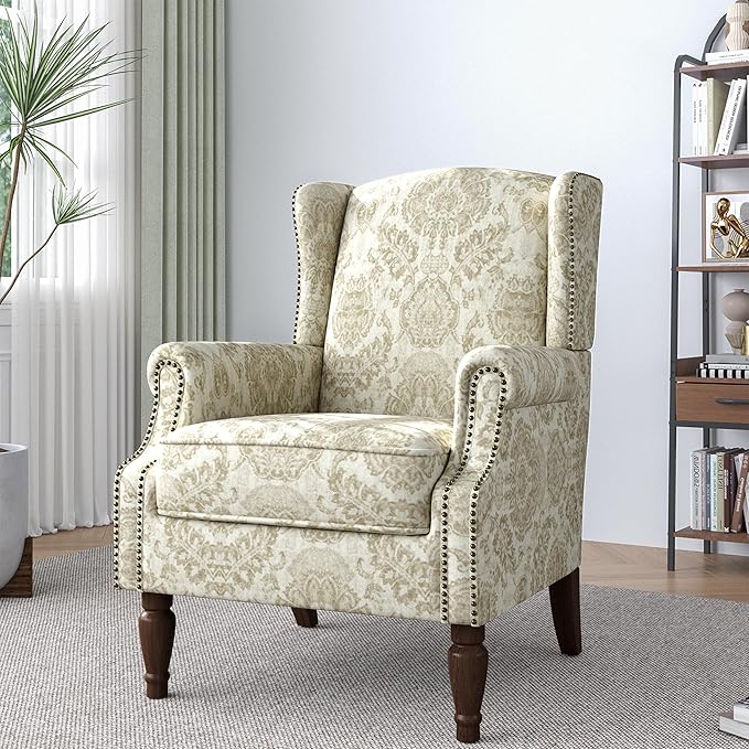 Lumibee Wingback Accent Chair,High Back Floral Armchairs in Fabric,Comfy Upholstered Reading Single Sofa Chair with Solid Wood Legs for Living Room,Bedroom,Office-White-Ruum Studio Home
