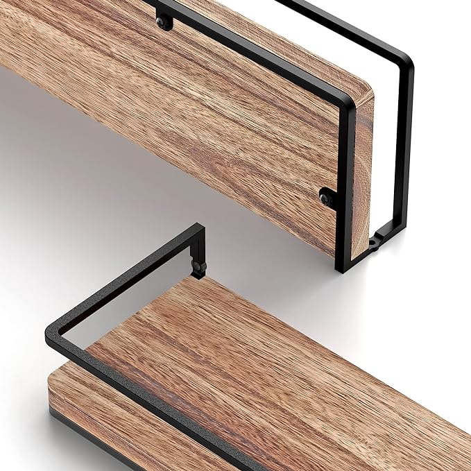 Meangood Floating Shelves Wall Mounted Set of 2, Rustic Wood Wall Storage Shelves for Bedroom,Living Room,Bathroom, Kitchen Torched Wood-Ruum Studio Home