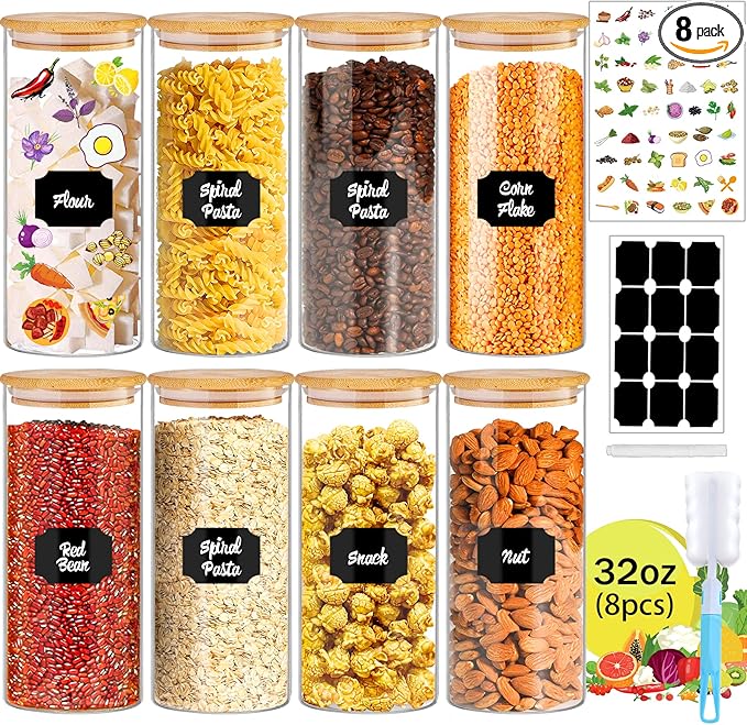 32 oz 8 Pcs Glass Jars with Bamboo Lids, Stackable Clear Food Storage Jars, Airtight Kichen Glass Pantry Storage Containers with Lids for Rice, Candy, Sugar, Flour, Nuts, Cookie, Coffee Bean-Ruum Studio Home