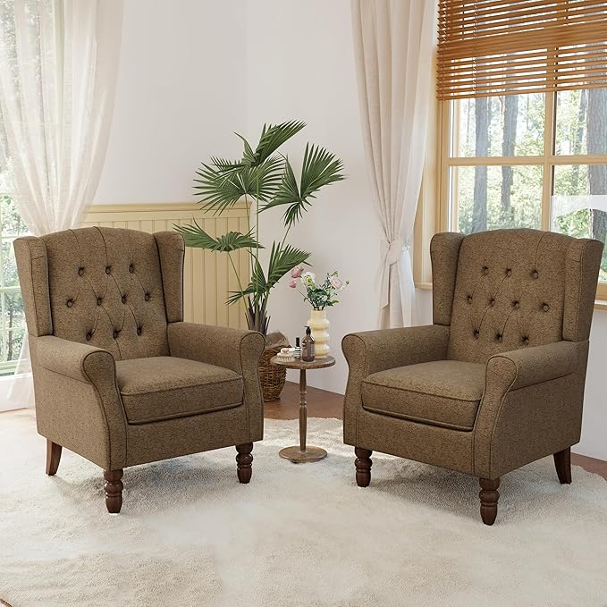 Lumibee High Back Accent Chair Set of 2,Upholstered Wingback Armchair with Solid Wood Legs for Small Spaces,Comfy Single Sofa Chair for Living Room,Bedroom,Office-Brown-Ruum Studio Home
