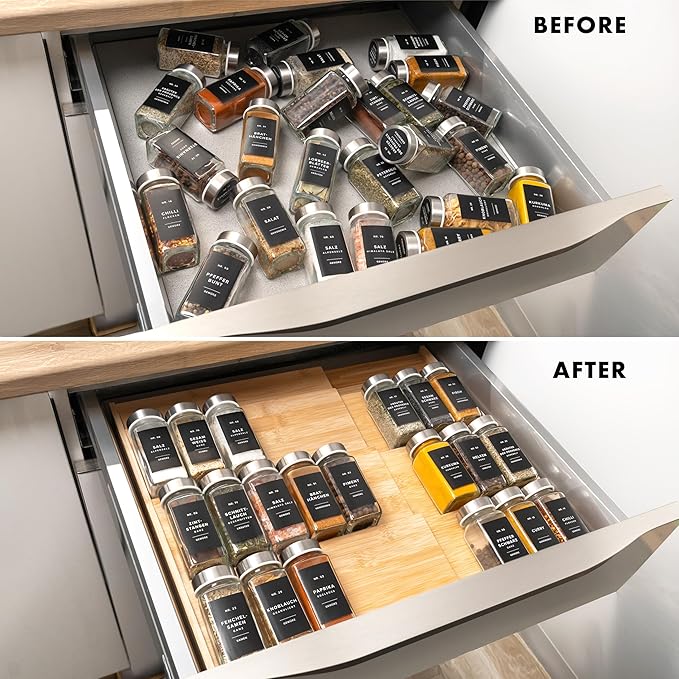 Bamboo Spice Drawer Organizer - Expandable 4 Tier Spice Rack (Need 3" Deep Drawer) 12" to 24" Wide, Seasoning Organizer, Organization Seasoning Rack insert (Jars Not Included)-Ruum Studio Home