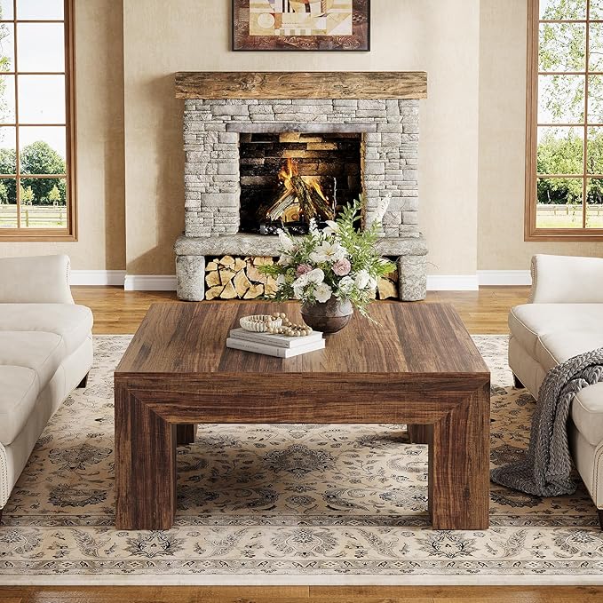 Tribesigns 39.4-Inch Square Coffee Table for Living Room, Farmhouse All MDF Accent Center Cocktail Table with Sturdy Wooden Legs, Easy Assembly, Dark Brown-Ruum Studio Home