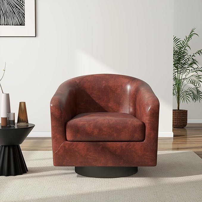 Swivel Barrel Accent Chair, Modern Round Faux Leather Arm Chair for Living Room, Bedroom, Comfy Club Reading Chairs for Adults(Faux Leather, Red Brown, Set of 1)-Ruum Studio Home