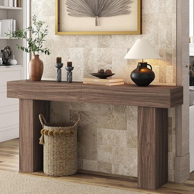 63 Inch Long Console Table for Entryway, Farmhouse Wood Rectangular Sofa Table Behind Couch Table, Narrow Entryway Table for Living Room, Entrance, Hallway, Foyer, Easy Assembly (Brown)-Ruum Studio Home