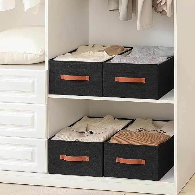 linen closet organizers and storage, 3 Pack Large Storage Baskets, Washable, Clothing Storage Bins with Handle, Closet Organizer for Storage Sweater,Sheets (Black, 18½"x13½"x8½")-Ruum Studio Home