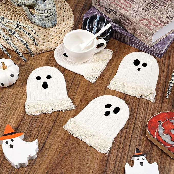 Whaline Halloween Ghost Cotton Coasters Cute White Ghost Shape Handmade Braided Drink Coasters Absorbent Cup Mats for Trick or Treat Party Home Table Decor, Set of 4-Ruum Studio Home
