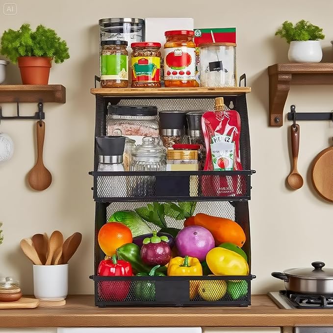 1 SET Large fruit basket for kitchen counter-stackable basket with Bamboo Tops & Tag,hanging wall baske,for Cabinet Shelf Countertop pantry storaget, onion potato Vegs Bread Food Organizing Bin,BLACK-Ruum Studio Home