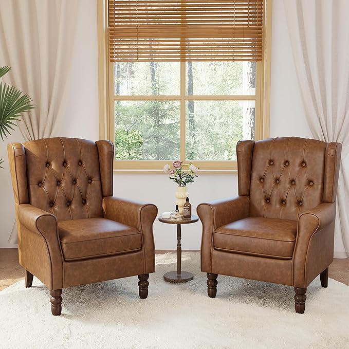 High Back Accent Chairs Set of 2,Upholstered Faux Leather Wingback Armchairs with Solid Wood Legs for Small Spaces,Comfy Single Sofa Chairs for Living Room,Bedroom,Office-Brown-Ruum Studio Home