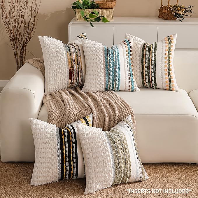 Boho Chenille Tufted Couch Throw Pillow Covers 18x18 Inch Set of 2 Farmhouse Striped Decorative Pillow Covers Accent Neutral Pillowcase Brown Cushion Cover for Living Room Sofa Bed-Ruum Studio Home
