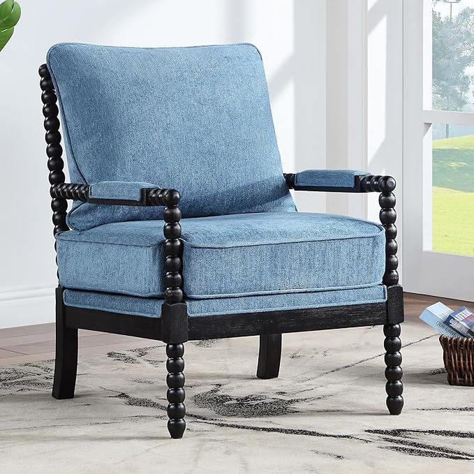 DUHOME Linen Fabric Spindle Accent Chair with Wood Frame,Modern Accent Spool Chairs with Padded Spring Seat and Brushed Blue Base for Living Room Bedroom Farmhouse Home Office Belcony-Ruum Studio Home