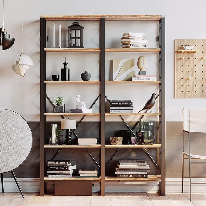 IRONCK Bookshelves Double Wide 6-Tier 76" H, Open Large Bookcase, Industrial Style Shelves for Home Office, Easy Assembly-Ruum Studio Home