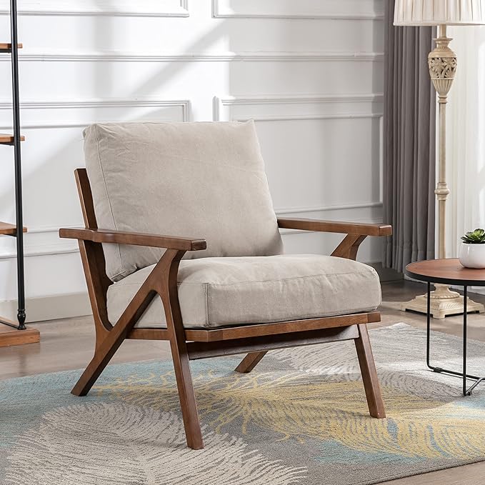 chairus Mid Century Accent Armchairs Modern Upholstered Lounge Chair Compfy Leisure Arm Chair for Living Room Fireplace/Bedroom/Reception/Dorms, Set of 2, Denim Fabric Beige-Ruum Studio Home